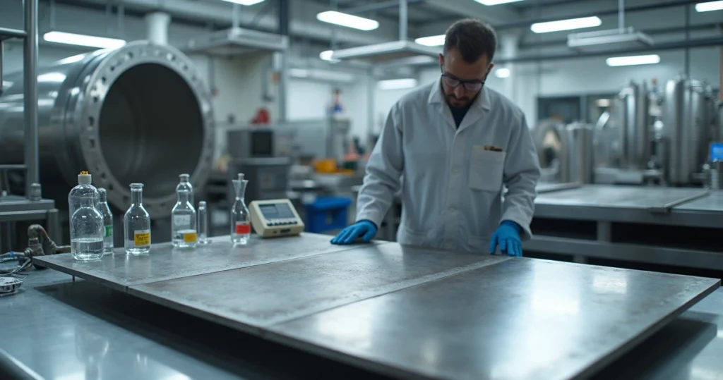 Placas de aço inox com tratamentos de superfície diferentes em bancada industrial