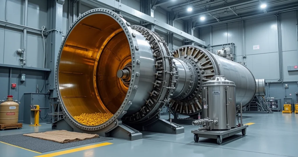 Turbina industrial aberta mostrando sistema de lubrificação limpo
