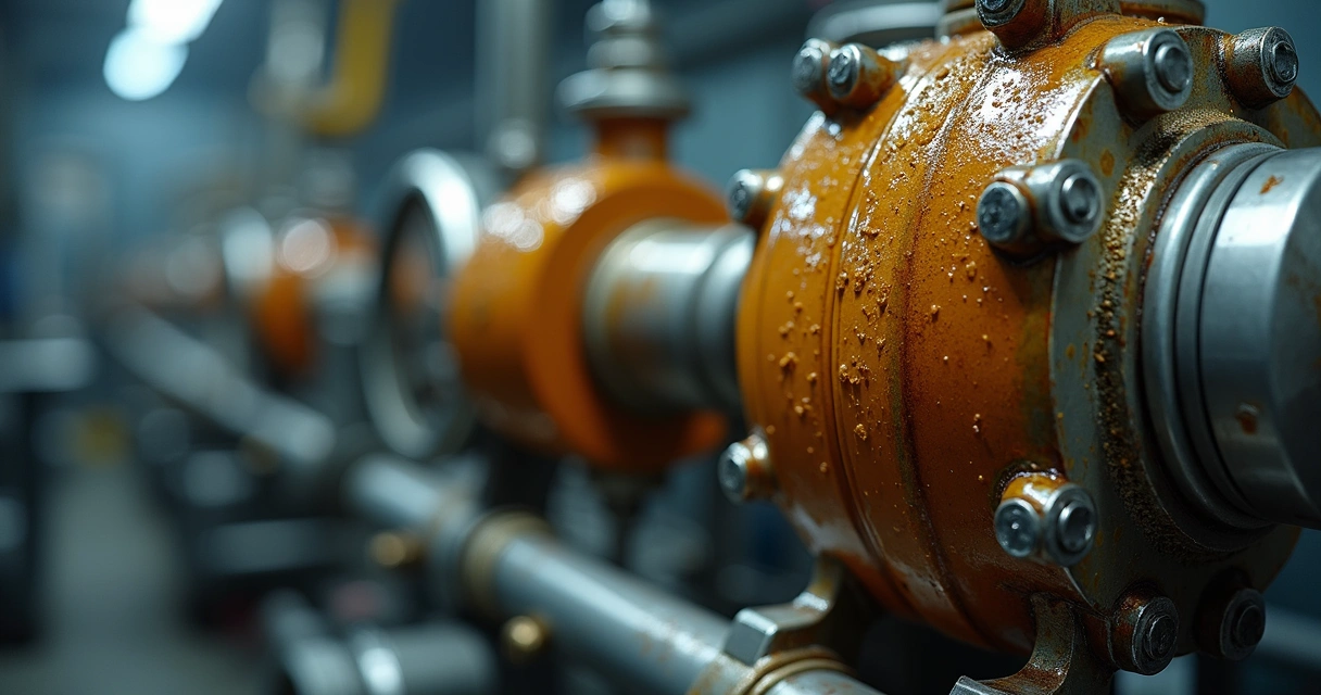 Detalhe de válvula hidráulica vazando óleo com verniz amarelado aderido
