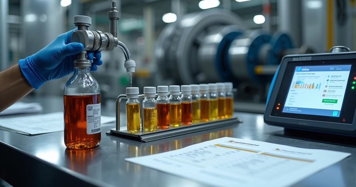 Laboratório analisa amostras de óleo lubrificante da indústria em bancada organizada
