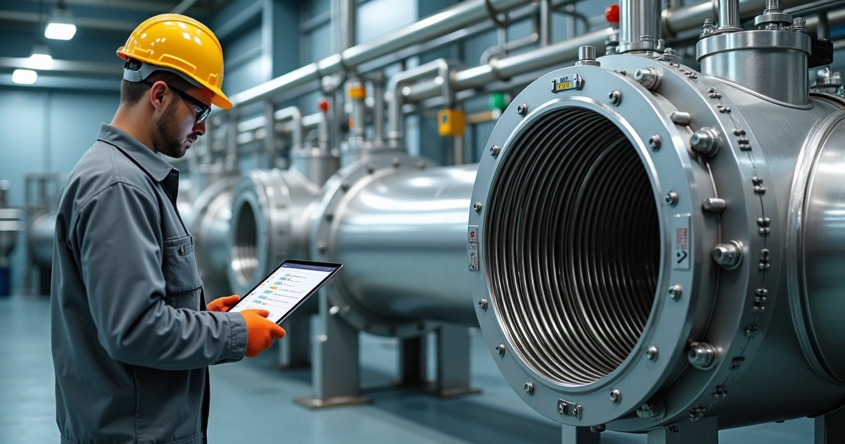 Técnico ajusta permutador de calor tubular em ambiente industrial limpo