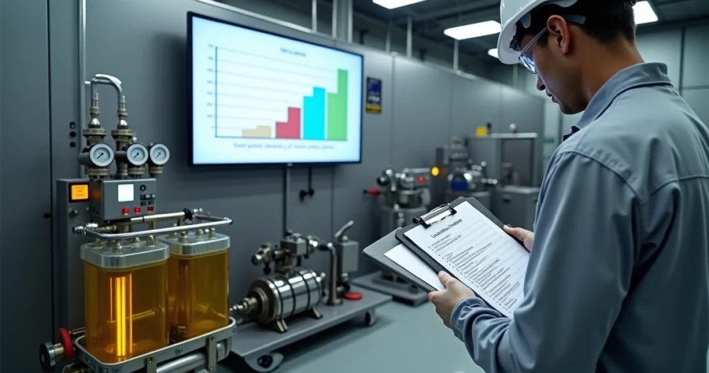 Técnico verifica checklist de flushing ao lado de painel com filtro e monitor de contaminação de óleo