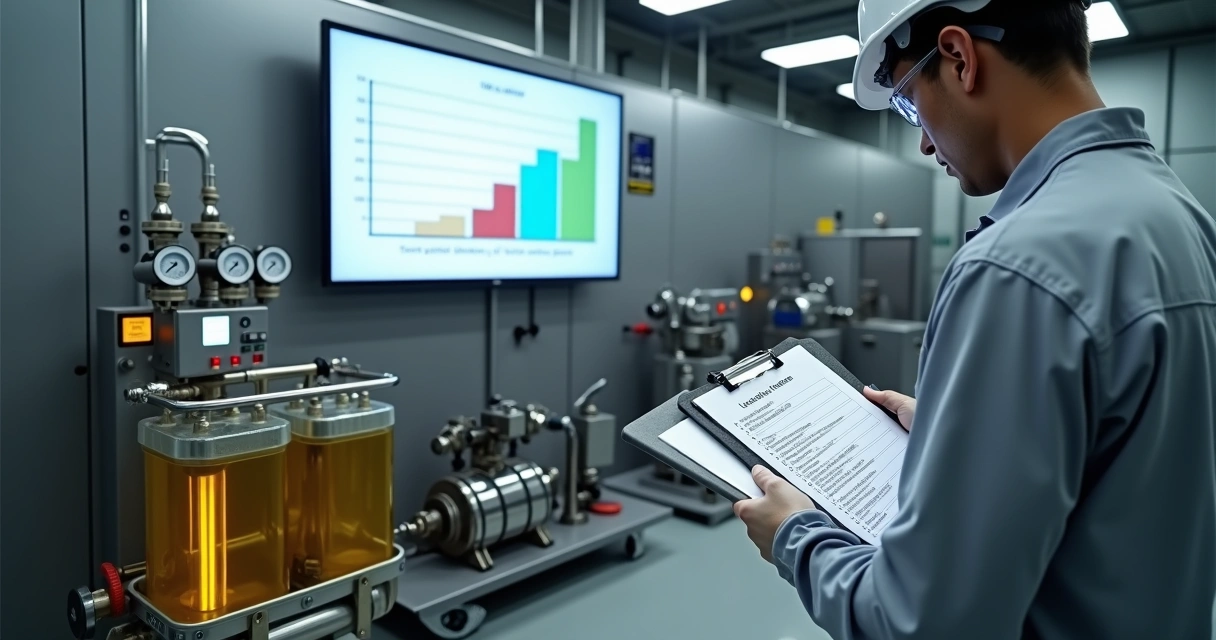 Técnico verifica checklist de flushing ao lado de painel com filtro e monitor de contaminação de óleo