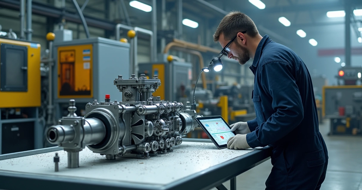 Técnico analisa bloco de válvulas hidráulicas desmontado em ambiente industrial