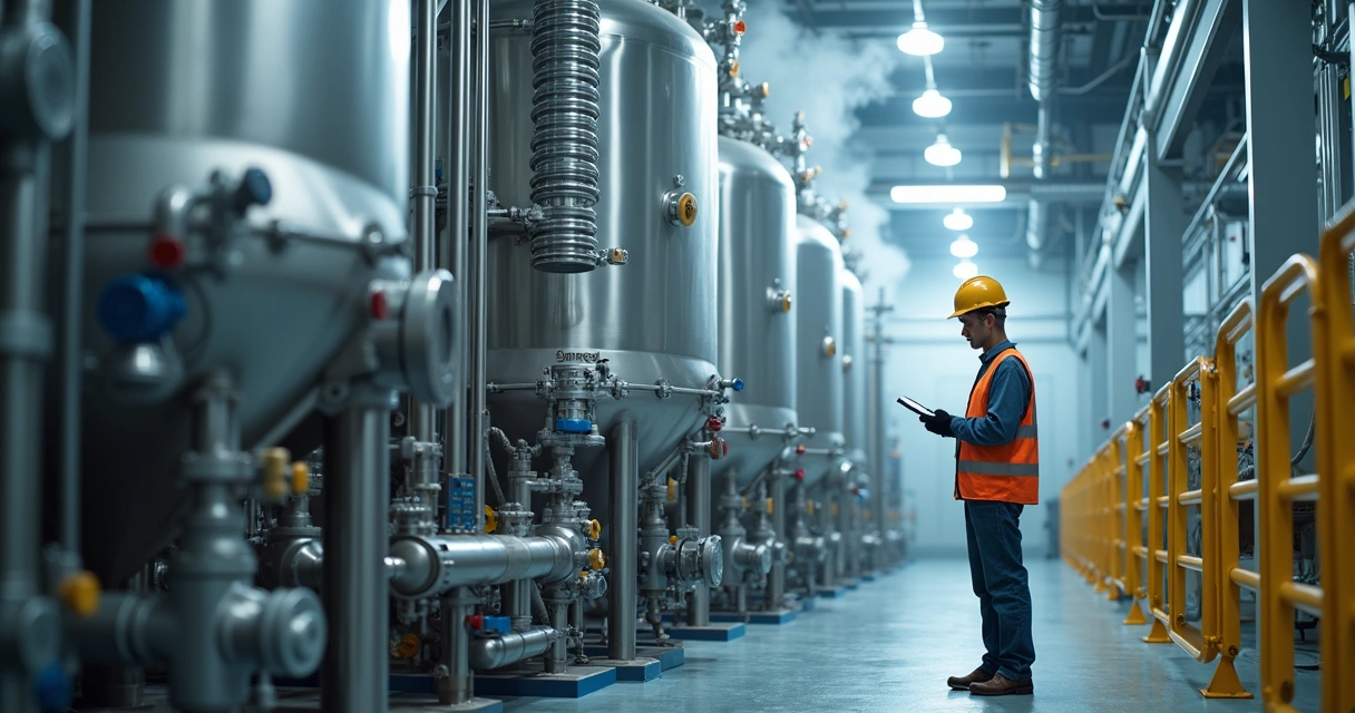 Engenheiro observando grande evaporador industrial em operação