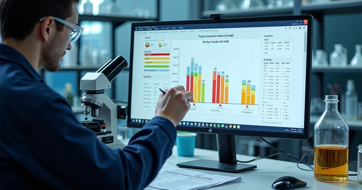Técnico analisando contagem de partículas de óleo industrial em tela próxima a microscópio