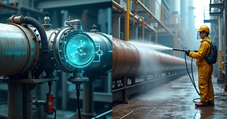 Comparação visual entre limpeza química e hidrojateamento em tubulação industrial