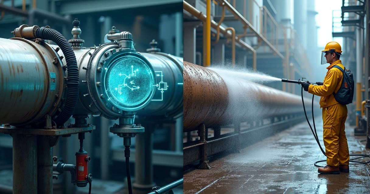 Comparação visual entre limpeza química e hidrojateamento em tubulação industrial