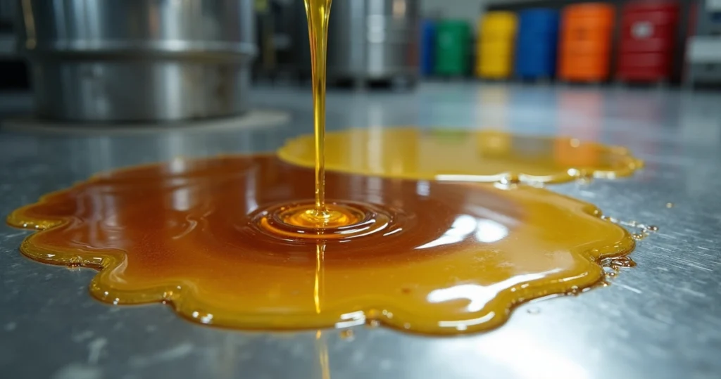 Dois óleos industriais de cores diferentes se misturando em superfície metálica