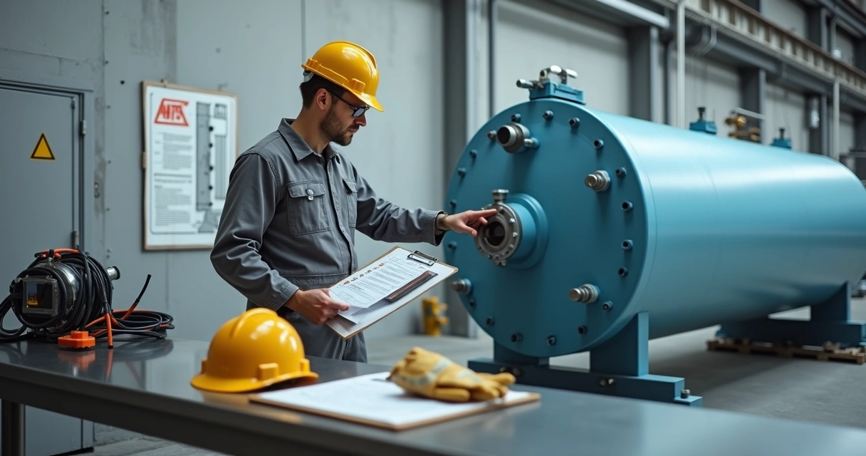Engenheiro conferindo checklist impresso ao lado de vaso de pressão em teste hidrostático