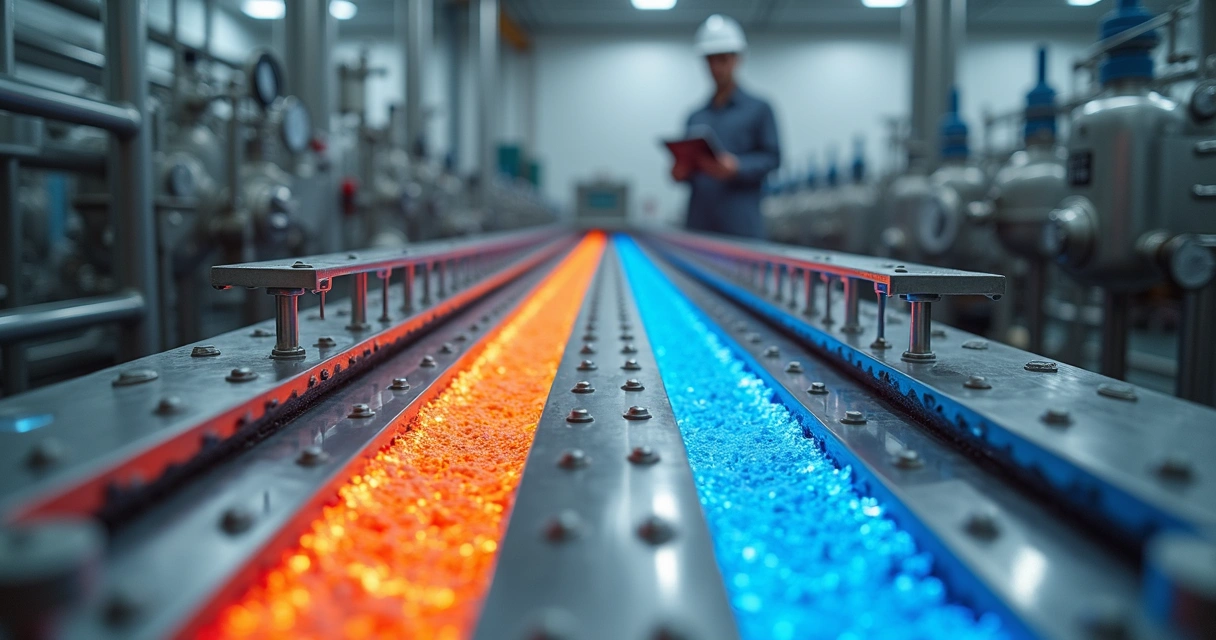 Trocador de calor industrial limpo em corte mostrando fluxo quente e frio separado