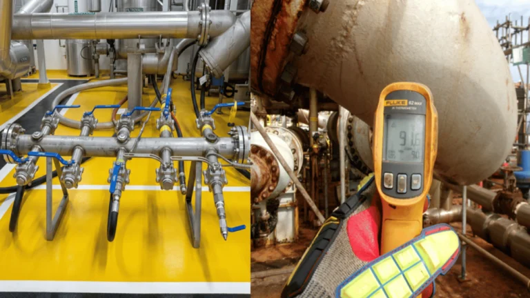 Tanques industriais interligados recebendo limpeza química monitorada por painéis digitais