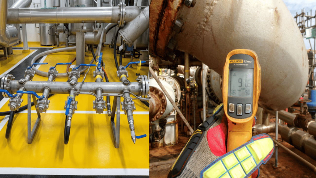 Tanques industriais interligados recebendo limpeza química monitorada por painéis digitais