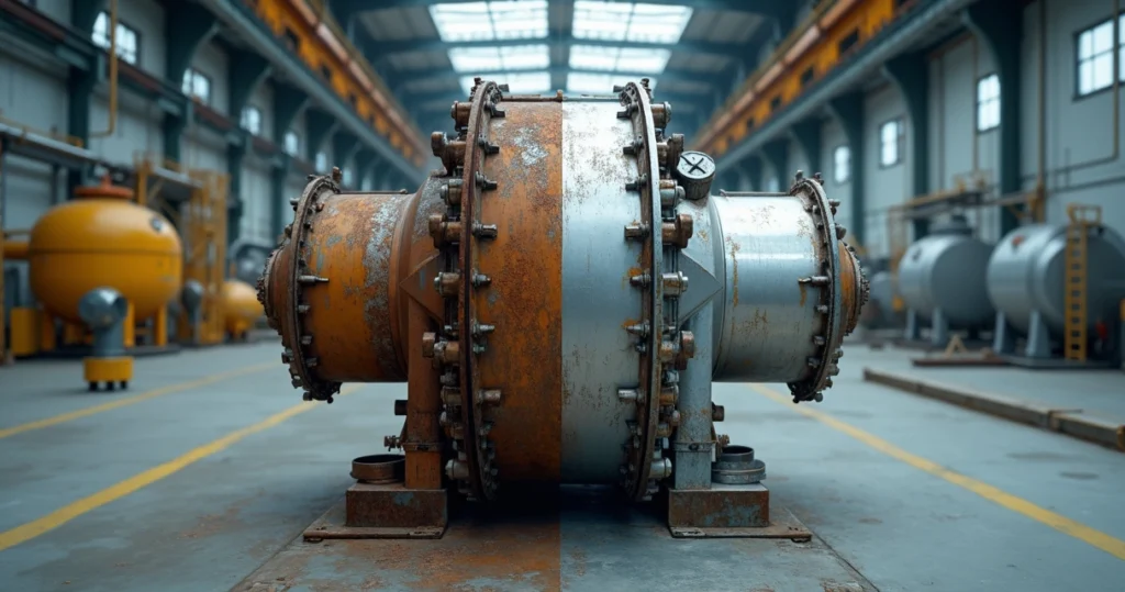 Comparação antes e depois de limpeza química em estrutura metálica industrial