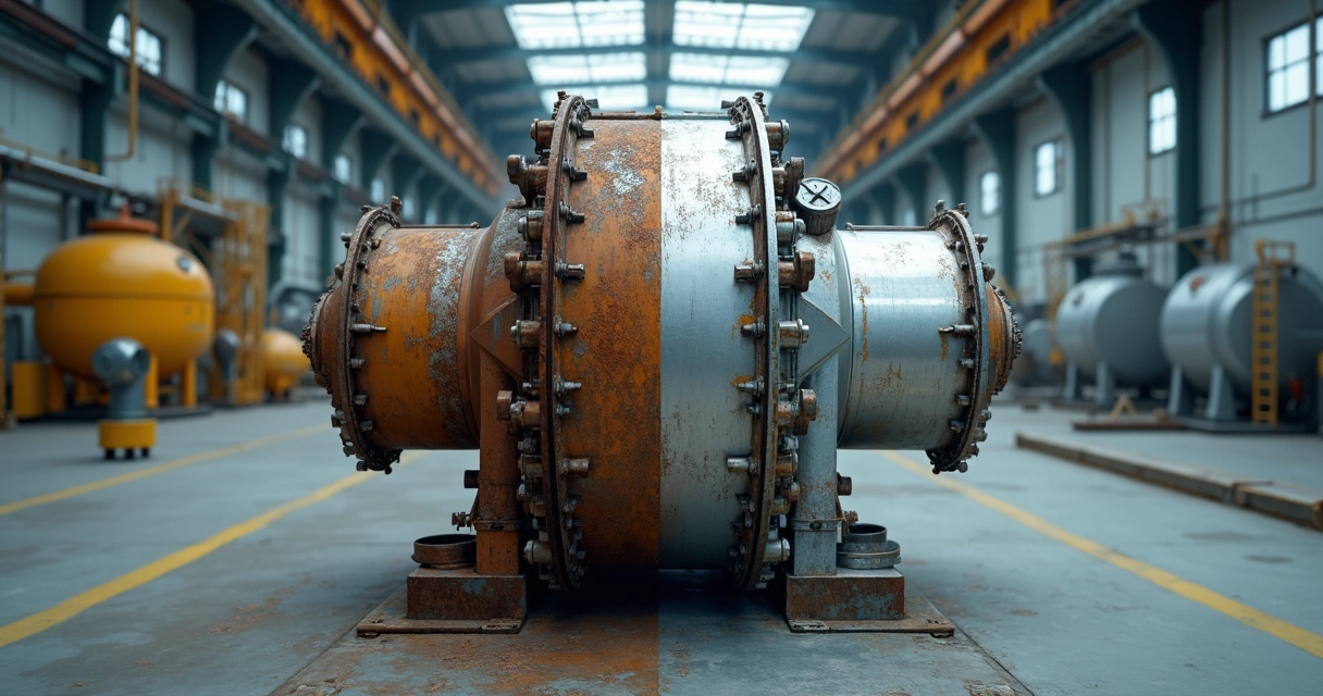 Comparação antes e depois de limpeza química em estrutura metálica industrial