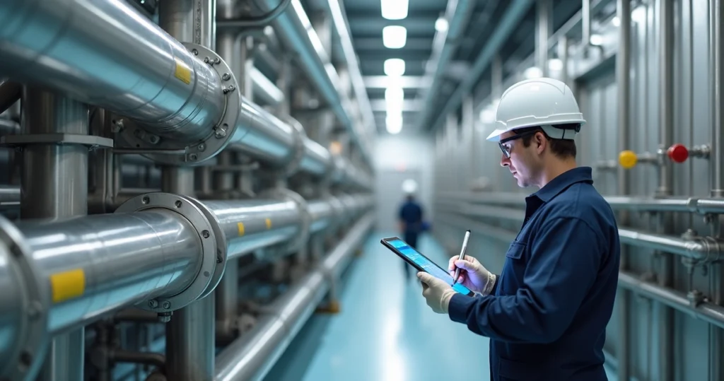 Engenheiro inspeciona tubulação de inox e marca itens em checklist em tablet