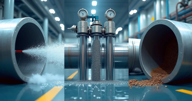 Comparação visual de hidrojateamento, retrolavagem e limpeza química em tubulações industriais