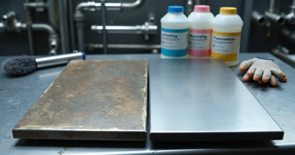 Chapa de aço inox metade decapada e metade passivada em bancada industrial