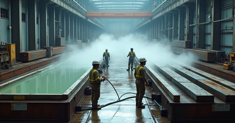 Comparação visual entre decapagem química e hidrojateamento em estrutura metálica industrial