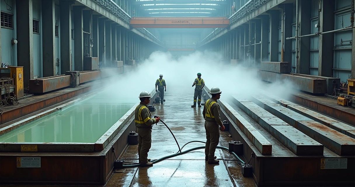 Comparação visual entre decapagem química e hidrojateamento em estrutura metálica industrial