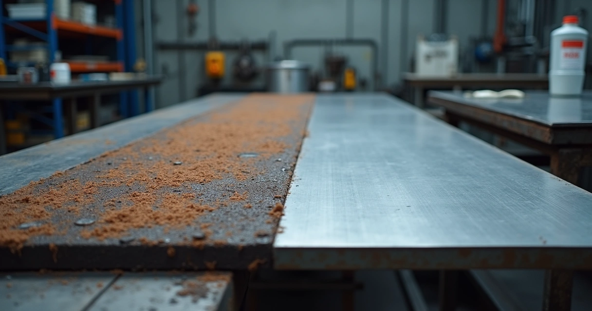 Superfície de aço industrial metade oxidada e metade tratada por decapagem química