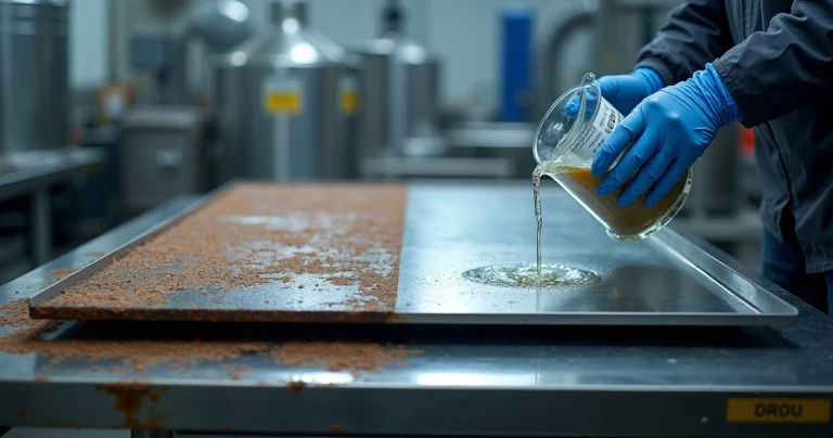 Superfície metálica antes e depois de decapagem química em ambiente industrial