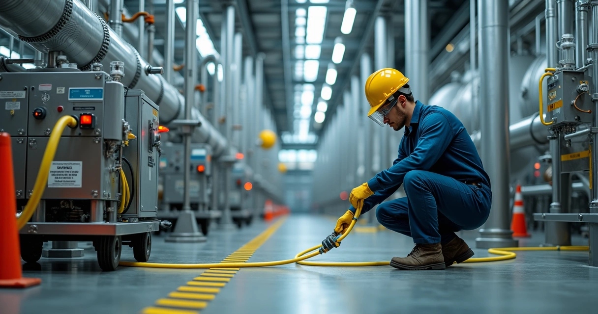 Técnico em planta industrial preparando descontaminação química em tubulação