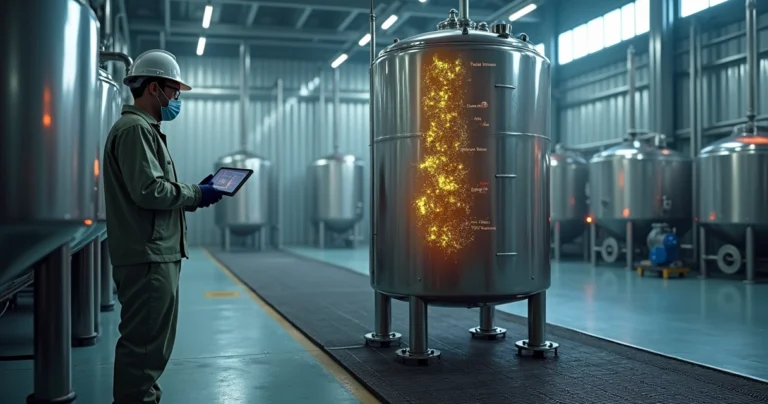 Técnico avalia reservatório industrial iluminado em busca de contaminação invisível