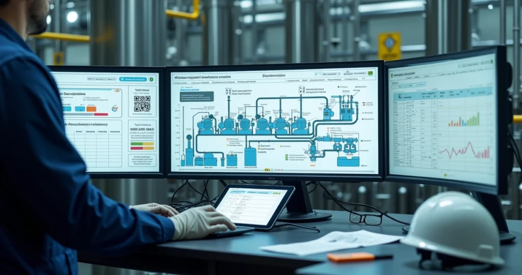 Mesa de controle exibindo rastreabilidade digital de descontaminação química industrial
