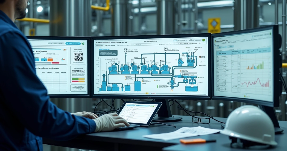 Mesa de controle exibindo rastreabilidade digital de descontaminação química industrial