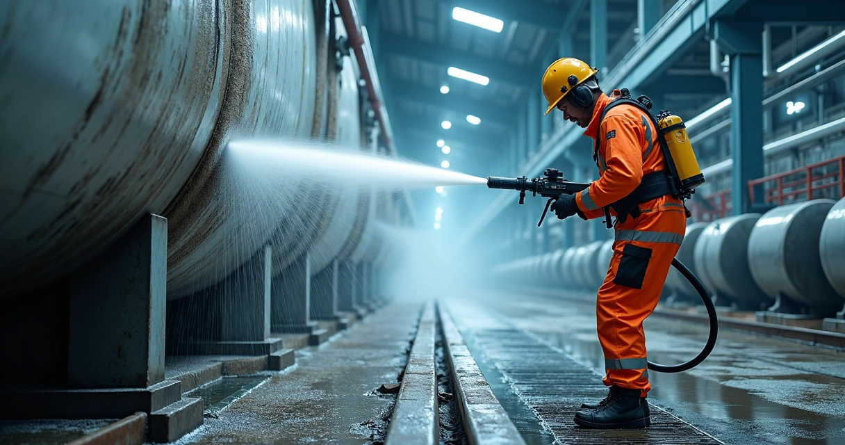 Técnico realiza hidrojateamento industrial em estrutura metálica com jato de água em alta pressão