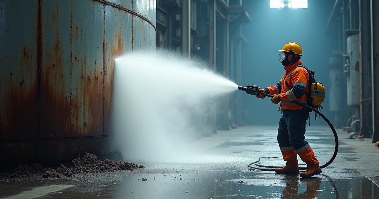 Hidrojateamento industrial limpando estrutura metálica com jato de alta pressão