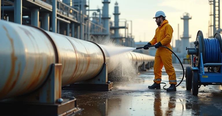 Técnico aplicando hidrojateamento em tubulação industrial externa metálica
