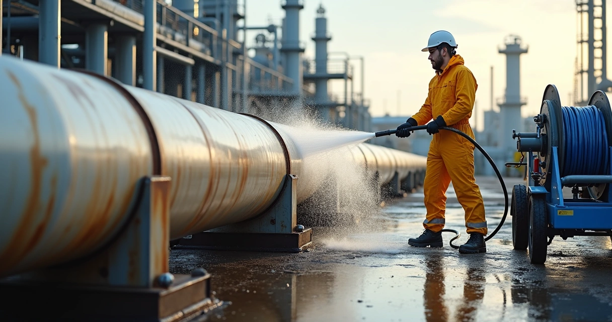 Técnico aplicando hidrojateamento em tubulação industrial externa metálica