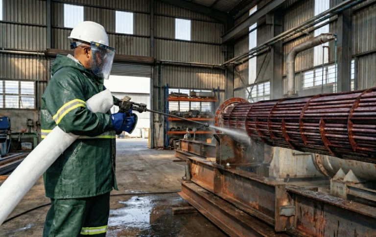 Hidrojateamento em placas de trocador de calor industrial incrustadas