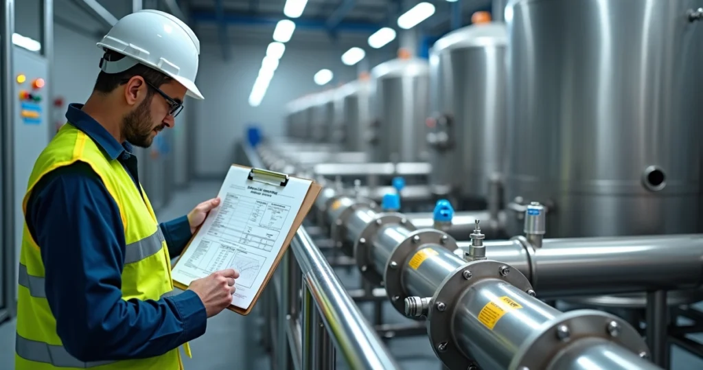 Engenheiro conferindo laudo de passivação inox ao lado de tubulação em aço inox industrial