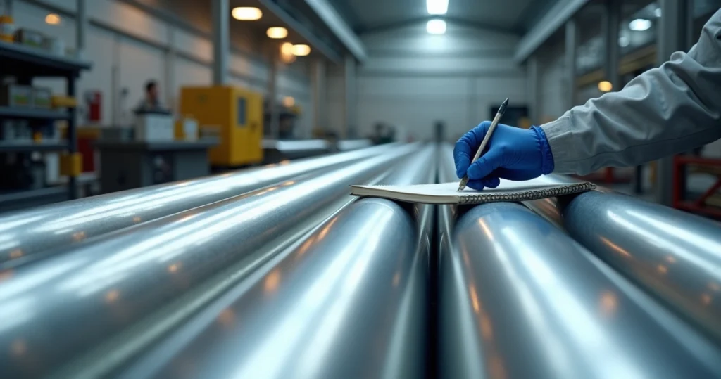 Tubos de inox brilhantes com teste de passivação em plataforma de inspeção