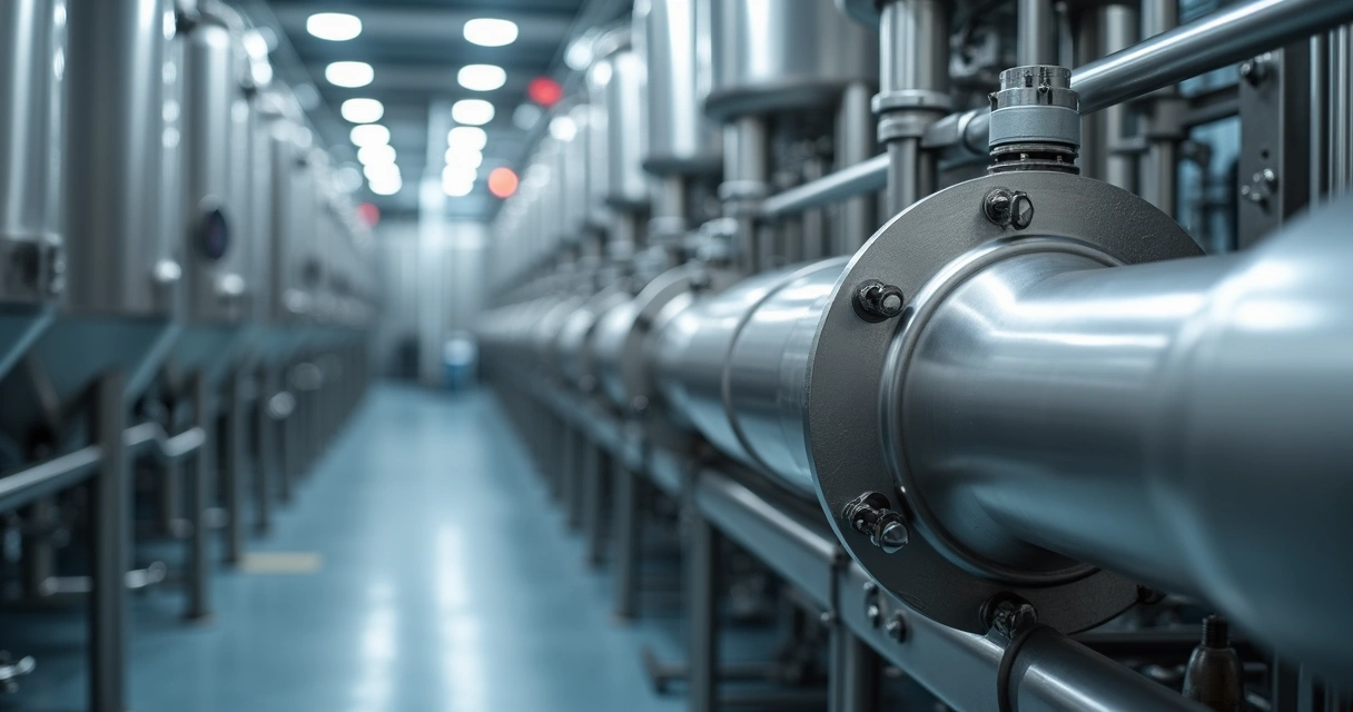 Detalhe de tubulações inoxidáveis brilhantes em ambiente industrial limpo