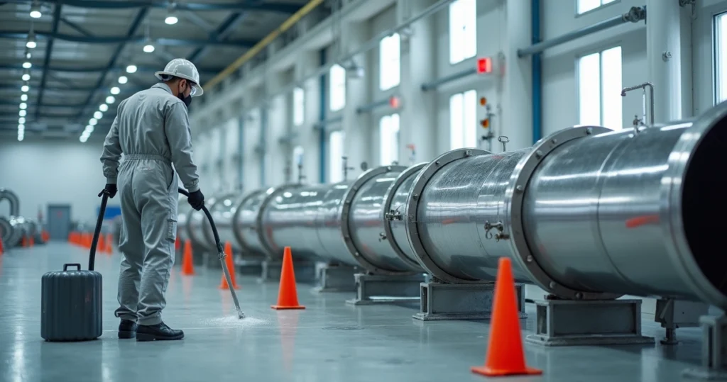 Técnico aplica passivação química em tubulação inox espelhada em planta industrial limpa