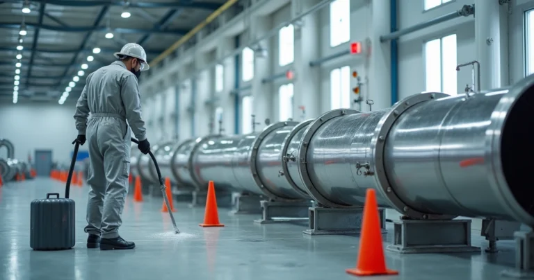 Técnico aplica passivação química em tubulação inox espelhada em planta industrial limpa