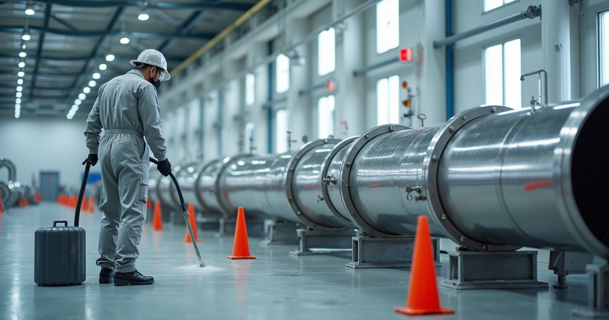 Técnico aplica passivação química em tubulação inox espelhada em planta industrial limpa