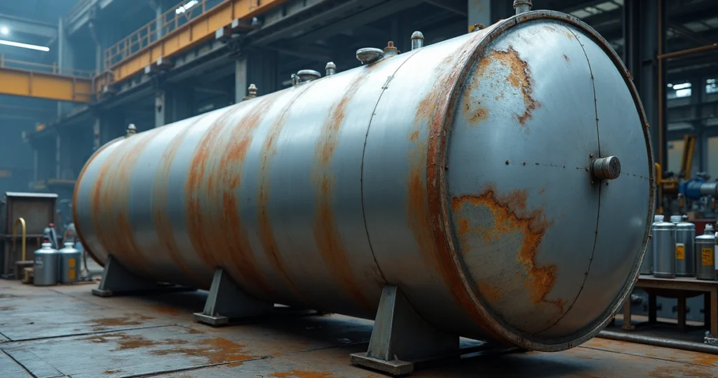Tanque industrial metálico com área de corrosão após decapagem química mal executada