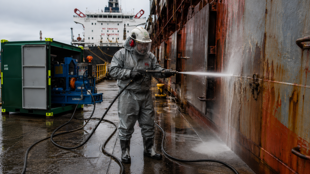 Hidrojateamento offshore em estrutura no convés de navio