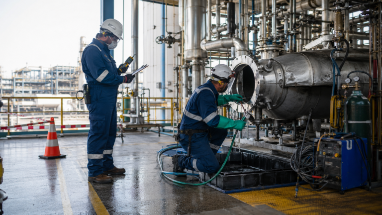 Equipe avaliando segurança em área de soldagem após descontaminação química