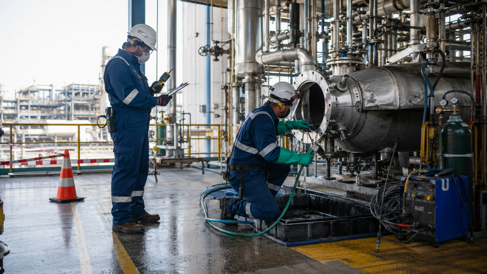 Equipe avaliando segurança em área de soldagem após descontaminação química