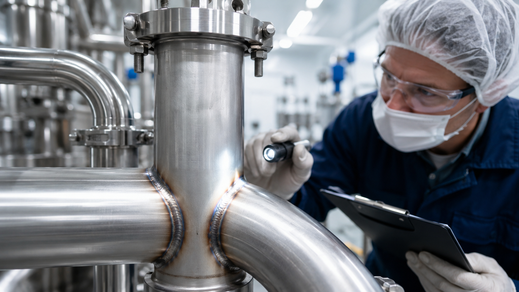 Emergência de tubos inox com solda orbital sendo analisados em bancada de laboratório