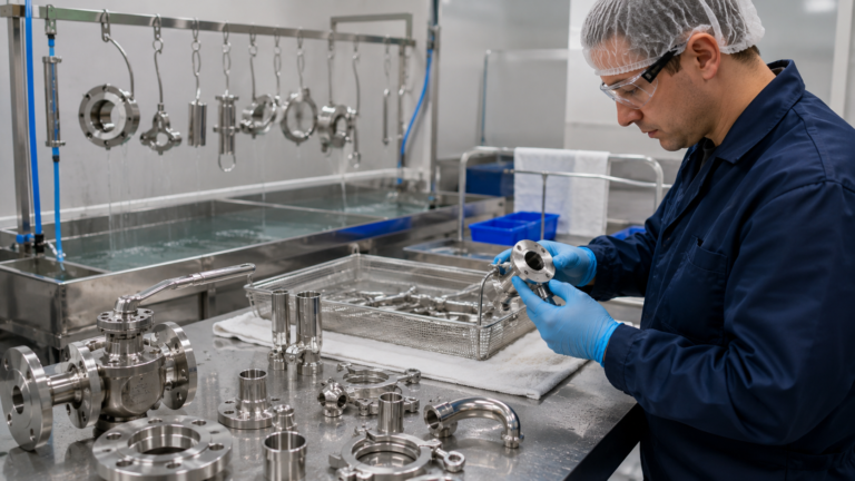 Bancada com peças de inox pequenas organizadas para passivação