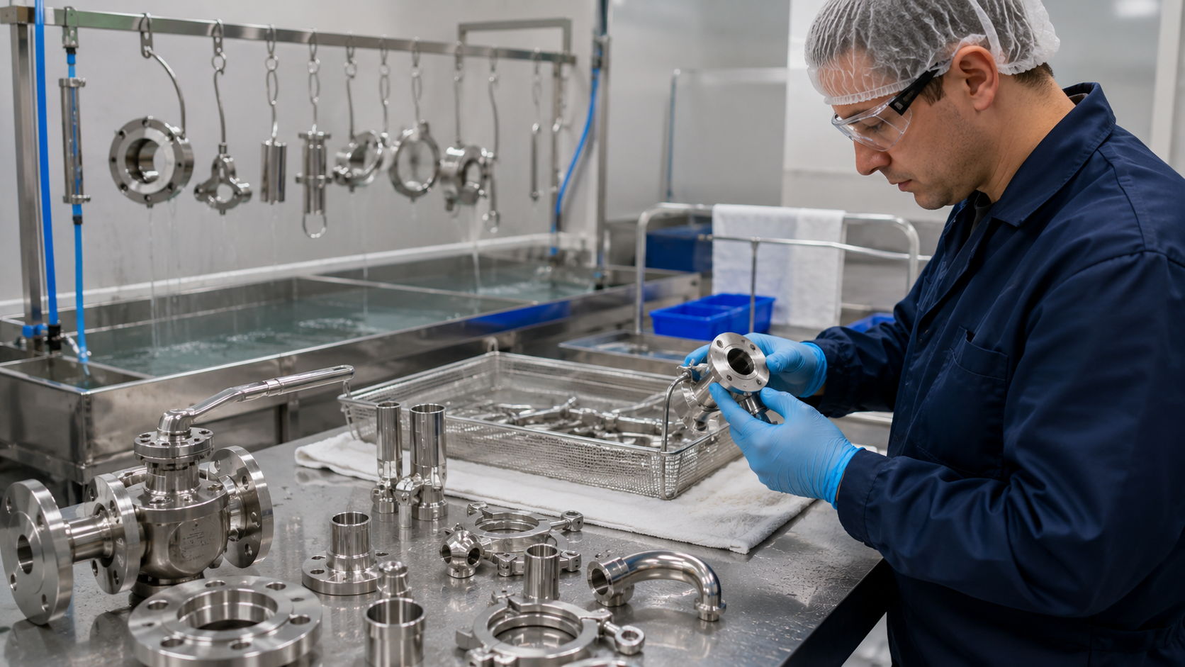 Bancada com peças de inox pequenas organizadas para passivação