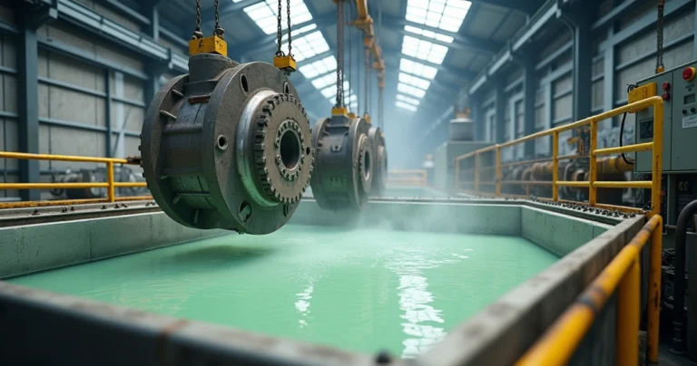 Banho de decapagem química com peças metálicas suspensas sobre tanque industrial