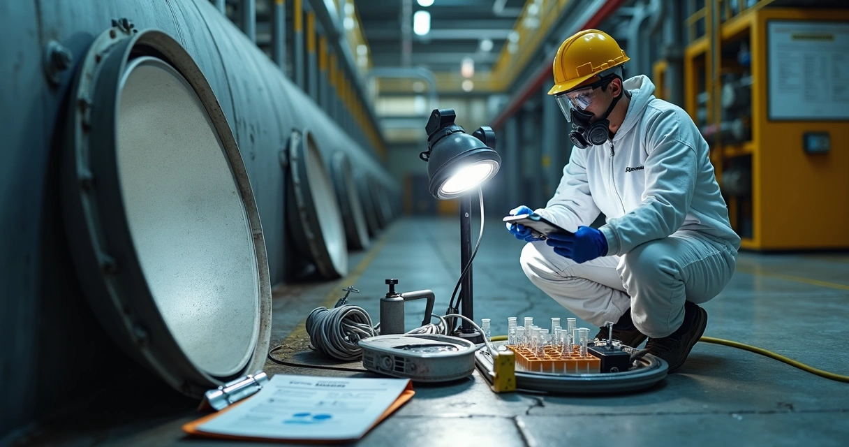 Técnico em plataforma iluminada prepara entrada em reservatório industrial descontaminado